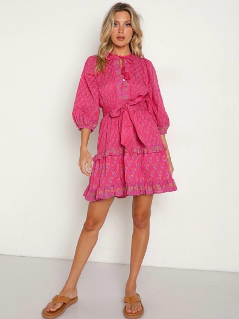 Cleobella Fuchsia Floral Tie-Waist Mini Dress